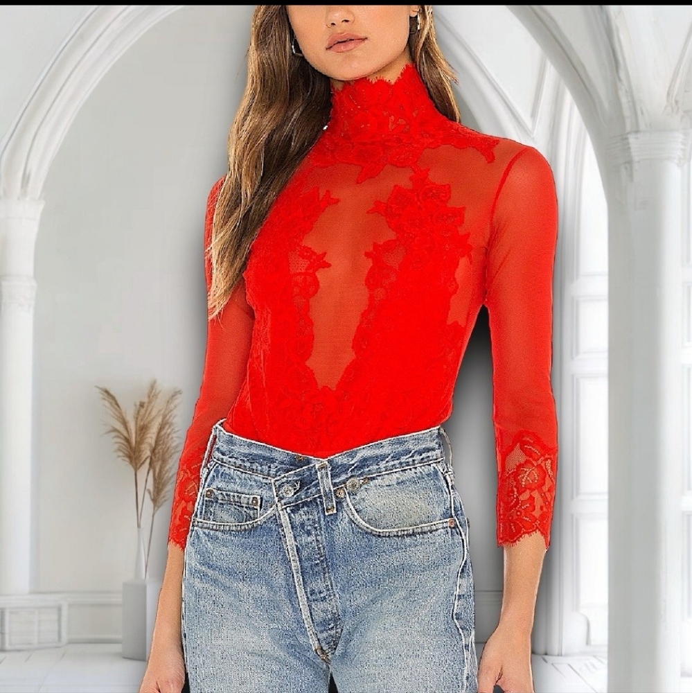Free People Take HAH Bow Blood Orange Long Sleeve Bodysuit Large NWT